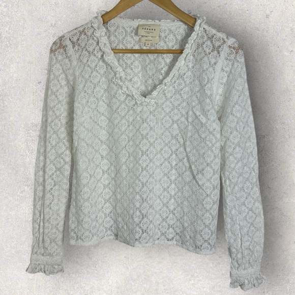 Sezane Leonora Blouse Ecru White Size 34 French US 2 V-Neck Ruffle Sheer Lace - Picture 13 of 14